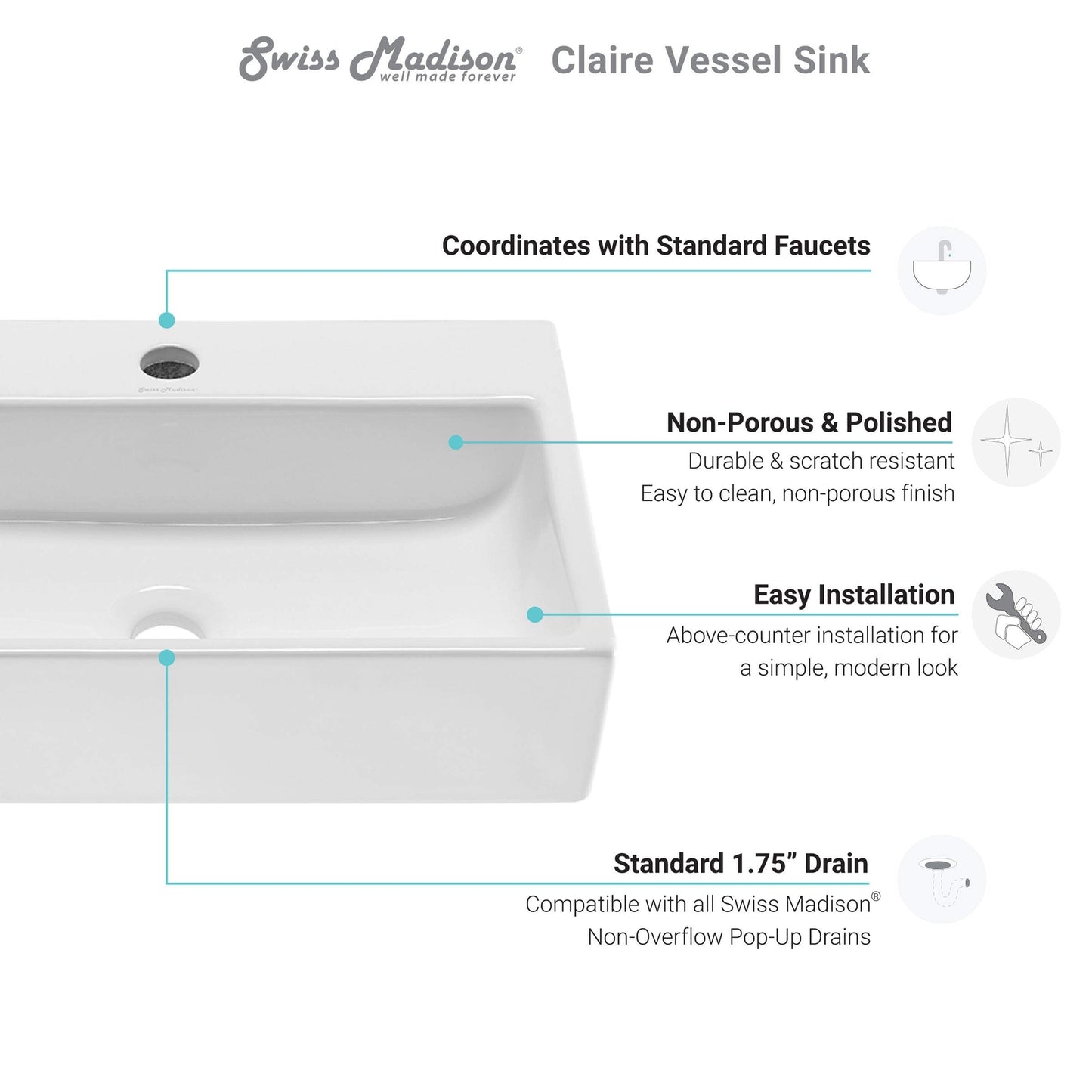 Swiss Madison SM-VS203 Claire 20" Rectangle Vessel Sink, Glossy White