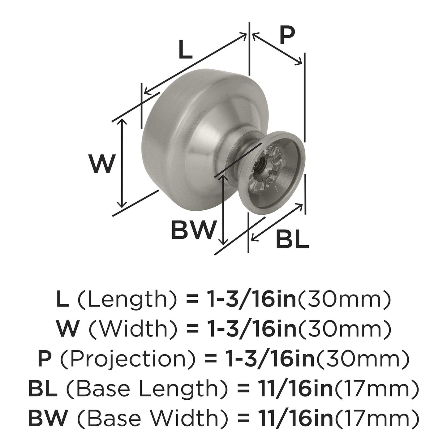 Amerock BP53700G10 Kane Cabinet Knob Satin Nickel 1-3/16" Diameter