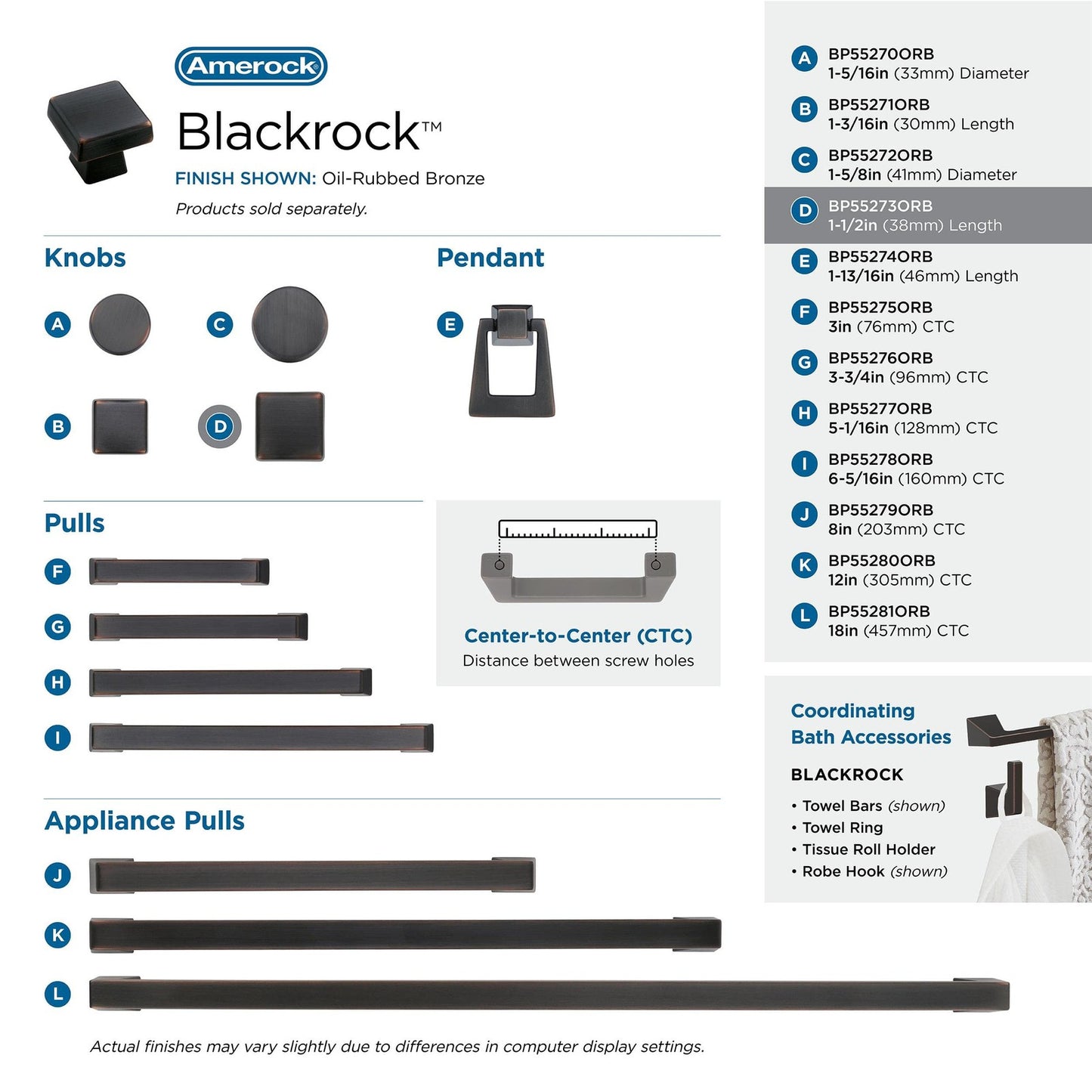 Amerock BP55273ORB Blackrock Cabinet Knob Oil Rubbed Bronze 1-1/2" Length