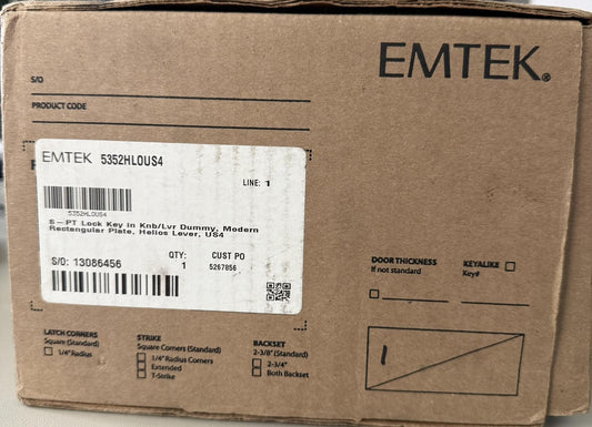 EMTEK 5352HLOUS4 Rectangular Single Point Dummy Set Helios Lever-Satin Brass