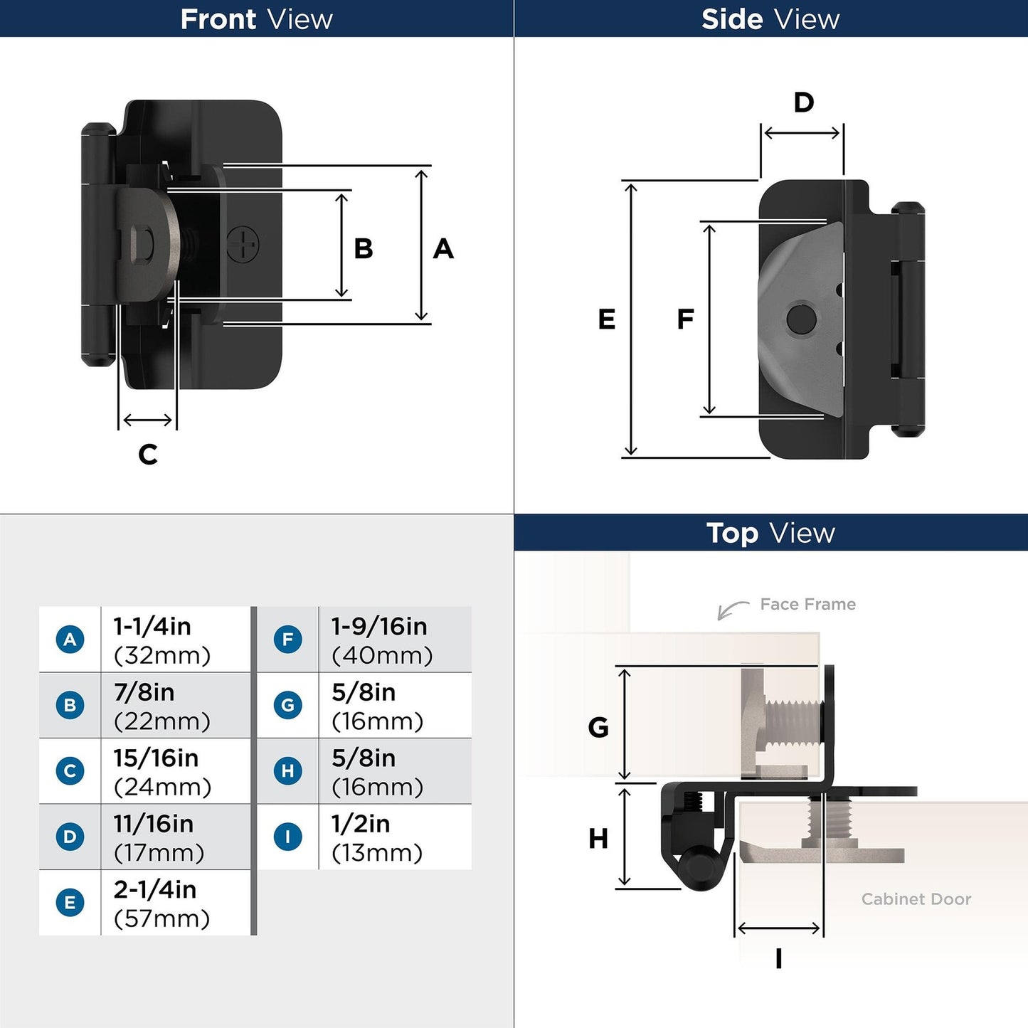 Amerock BPR8704FB Cabinet Hinge 1/2" Overlay Double Demountable Matte Black Pair