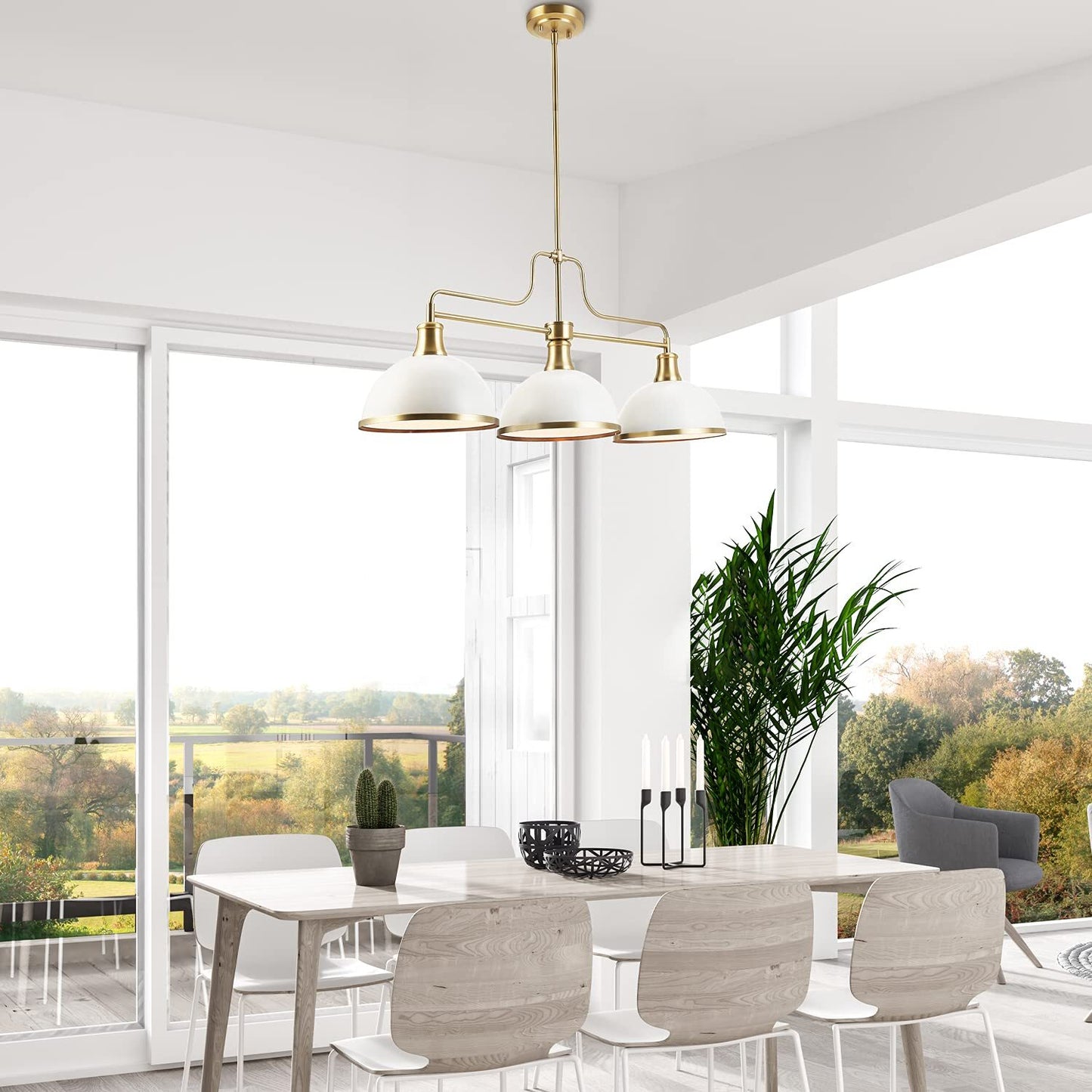 Globe 60885 Beckett 3-Light Linear Chandelier, Matte White, Matte Brass Accents