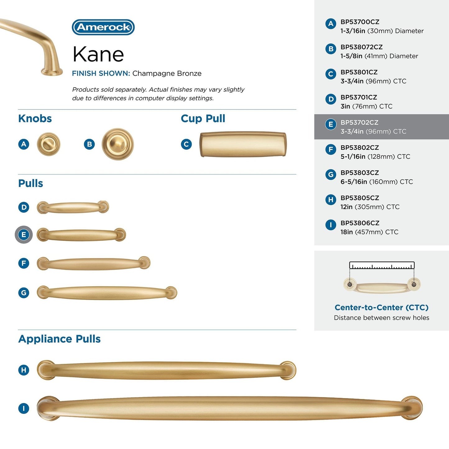 Amerock BP53702CZ Kane Champagne Bronze Cabinet Pull 3-3/4" C2C