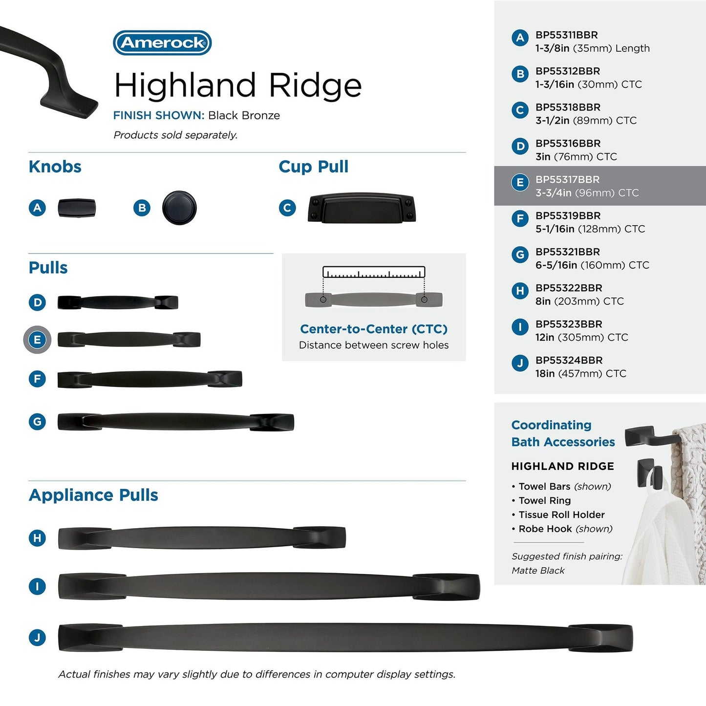 Amerock BP553178BR Highland Ridge Cabinet Pull Black Bronze 3-3/4" C2C