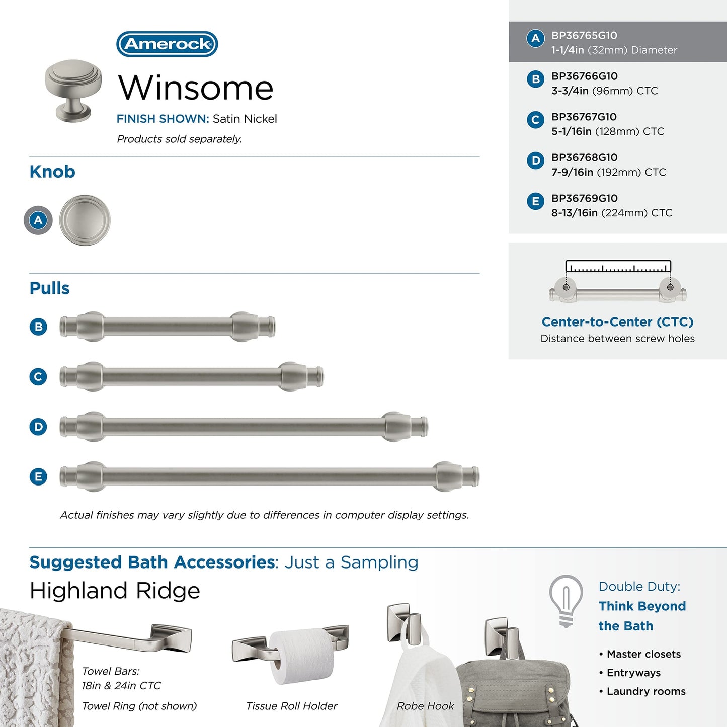 Amerock Cabinet Knob Satin Nickel 1-1/4" Diameter Winsome BP36765G10