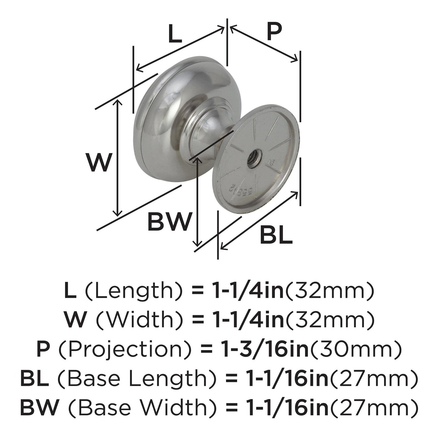 Amerock 55342-PN Revitalize Cabinet Knob Polished Nickel 1-1/4" Diameter