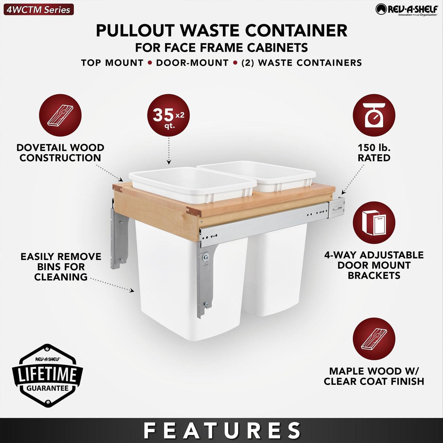 Rev-A-Shelf Double Pullout Trash Can for Base Kitchen Bathroom Cabinets, White