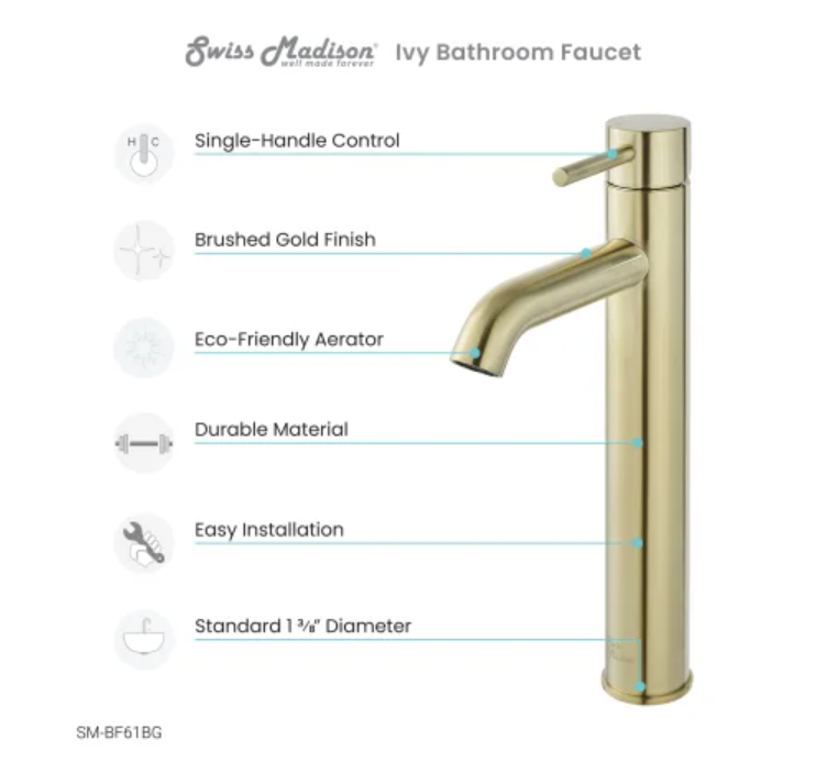 Swiss Madison SM-BF61BG Ivy 1.2 GPM Single Hole Bathroom Faucet Brushed Gold