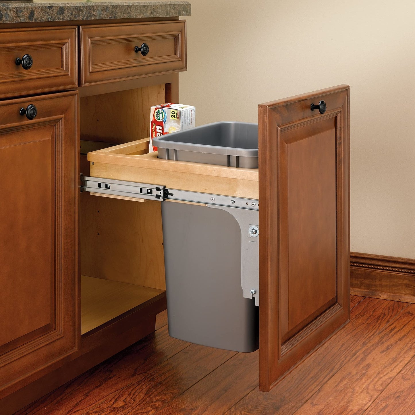 Rev-A-Shelf Single Pullout Trash Can 35 Qt , Silver, 4WCTM-1816DM-1