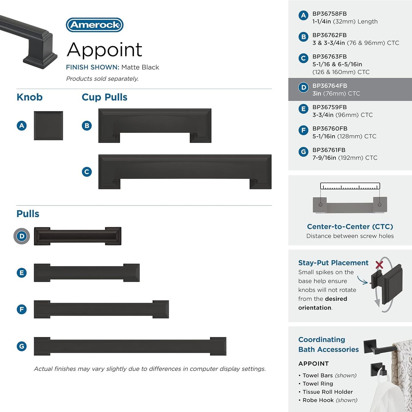 Amerock BP36764FB Appoint Cabinet Pull Matte Black 3" Center to Center