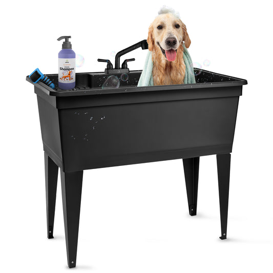 Tehila Freestanding Double-Wide Black Utility Sink with Steel Legs & Black Pull-Out Faucet, Multi-Purpose Heavy-Duty Laundry Tub and Kitchen Sink for Homes & Business - view 2