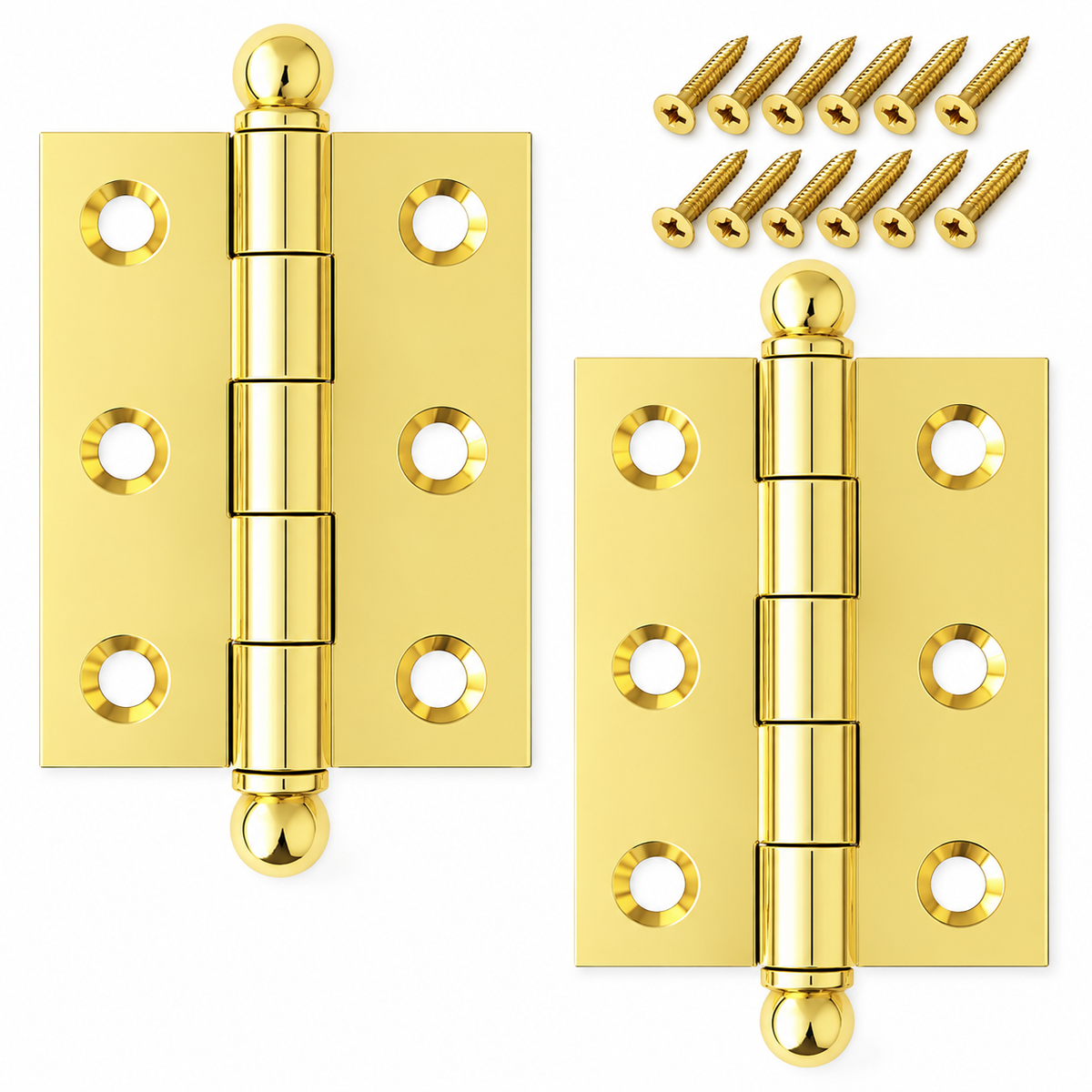 2" x 1-1/2" Cabinet Hinge, w/ Ball Tips, Solid Brass - Non Lacquered Polished Brass - 1 Pair