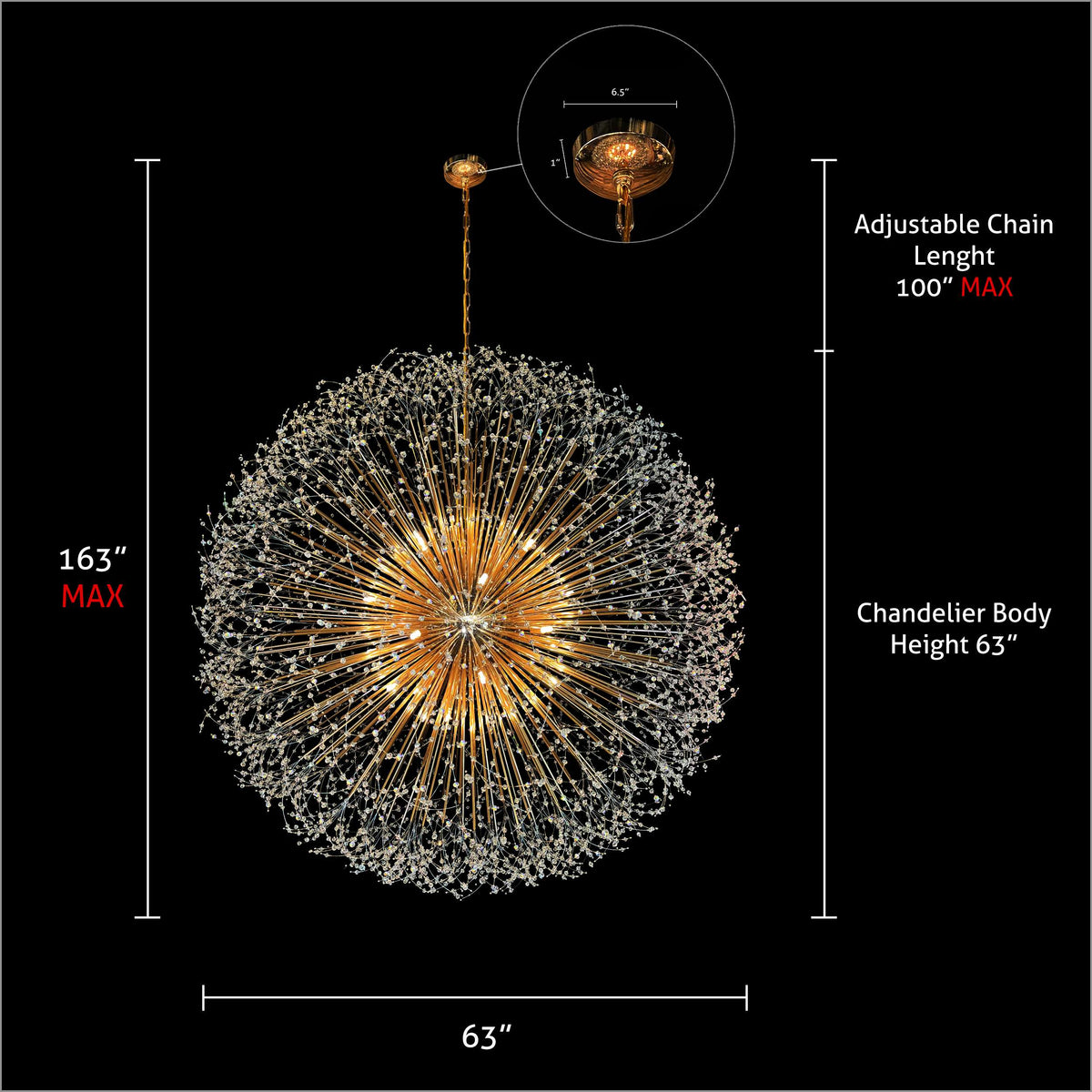 Luxe Starburst Gold Crystal Chandelier 63" - view 4