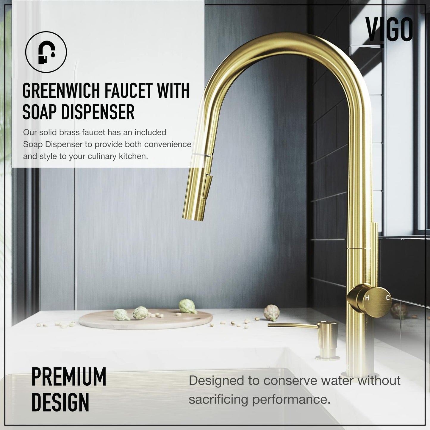 VIGO Greenwich 18'' H Single Handle Pull-Down Sprayer Set with Soap Dispenser