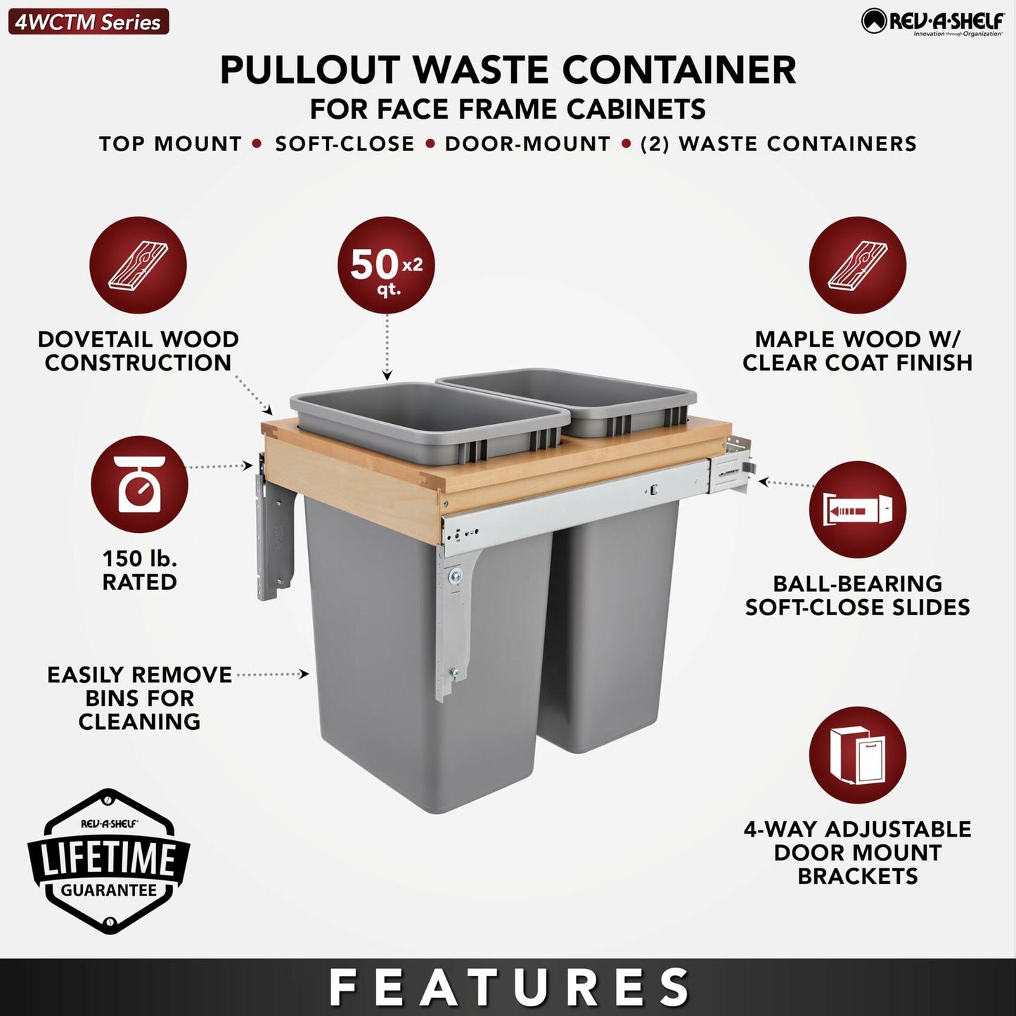 Rev-A-Shelf Double Pullout Under Cabinet Trash Can with Soft-Close, Silver