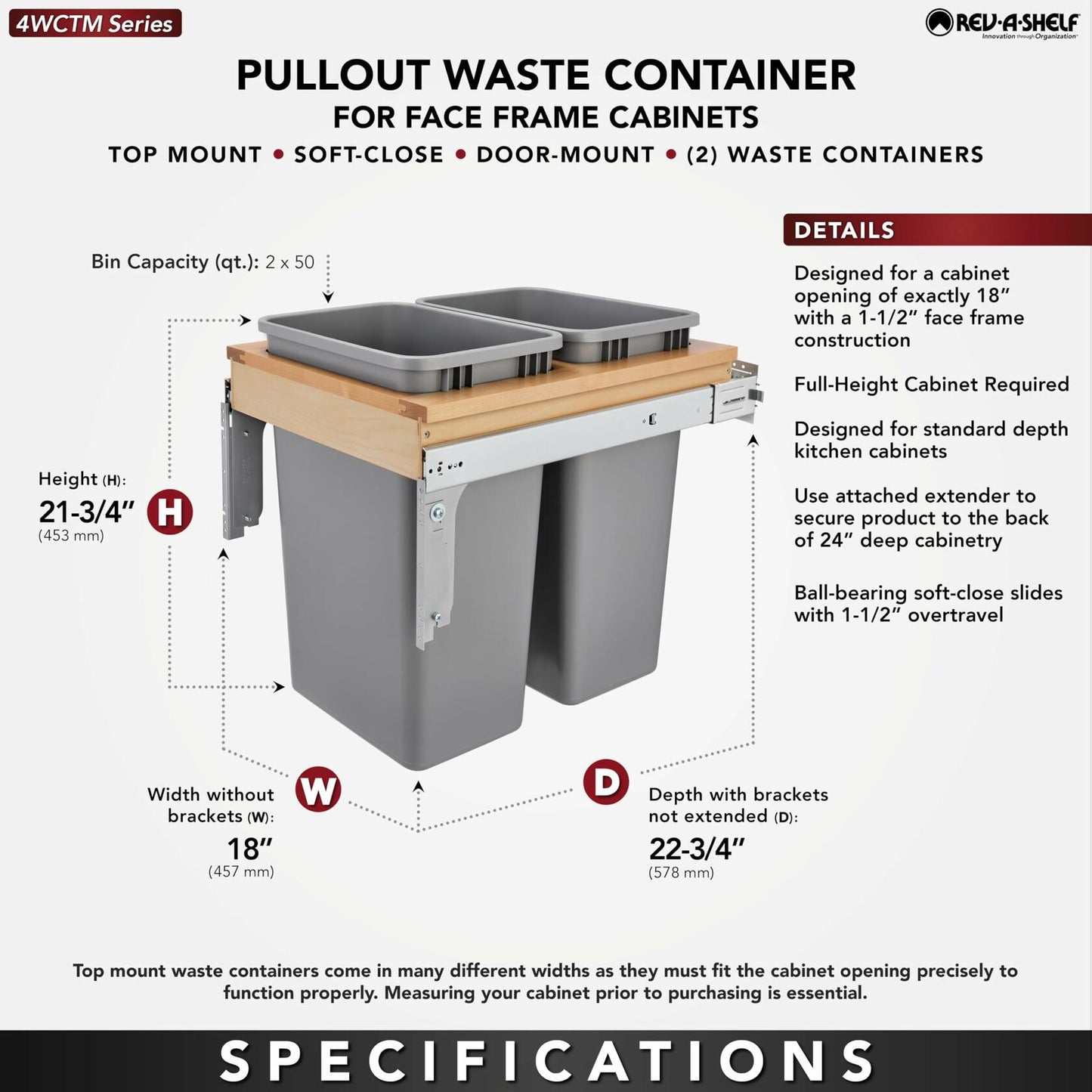 Rev-A-Shelf Double Pullout Under Cabinet Trash Can with Soft-Close, Silver