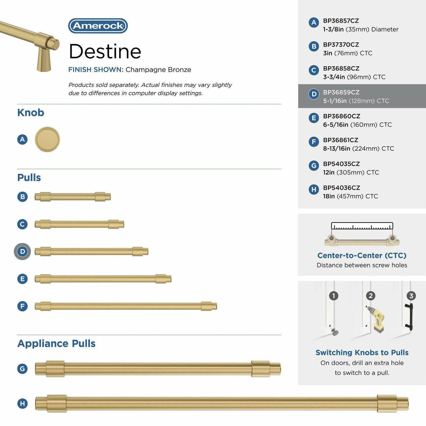 Amerock | Cabinet Pull | Champagne Bronze | 5-1/16 inch Center-to-Center