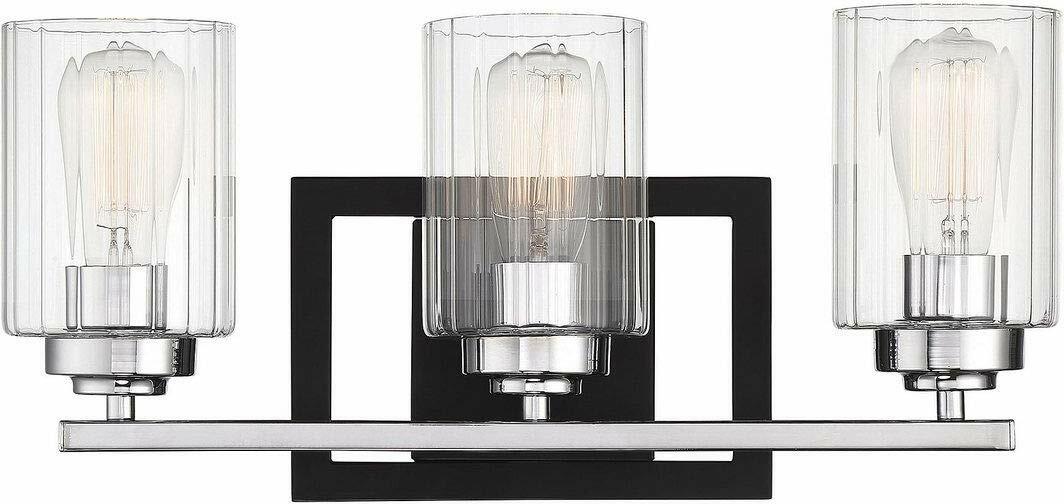 Savoy House 8-2154-3-67 Redmond Clear Ribbed Bathroom Vanity Light Black&Chrome