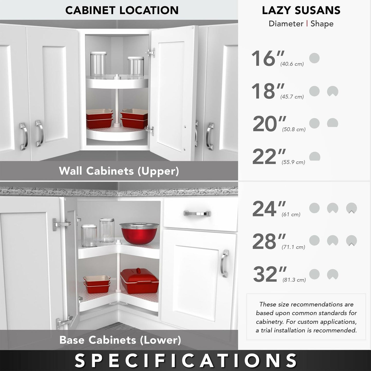 REV-A-SHELF Polymer Full-Circle 3-Shelf Lazy Susans 38" H Corner Wall Cabinets
