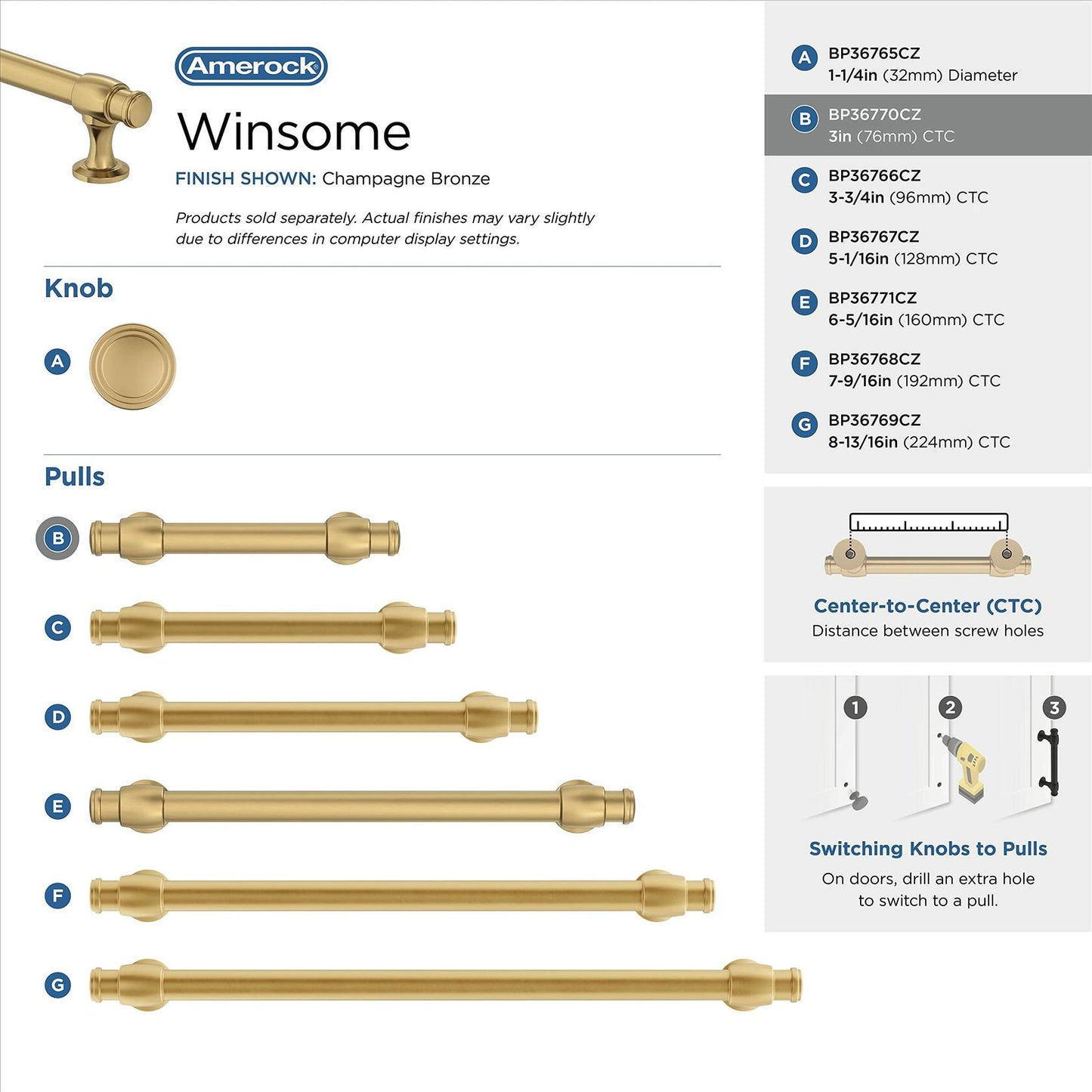 Amerock BP36770CZ Champagne Bronze Cabinet Pull 3 in (76 mm) Winsome