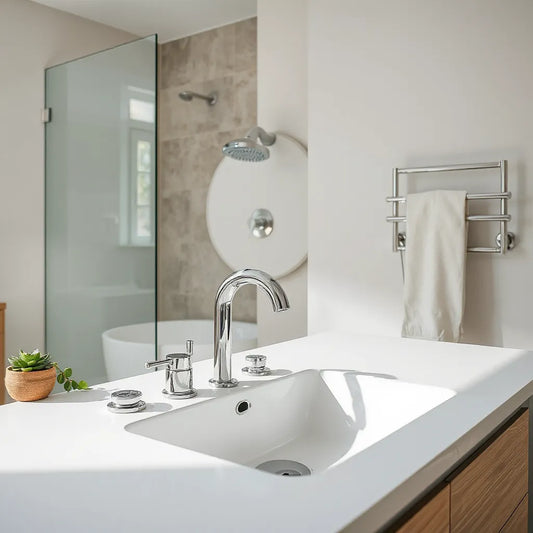 Sleek chrome faucet and rainfall shower head in a modern, minimalist bathroom with neutral stone textures