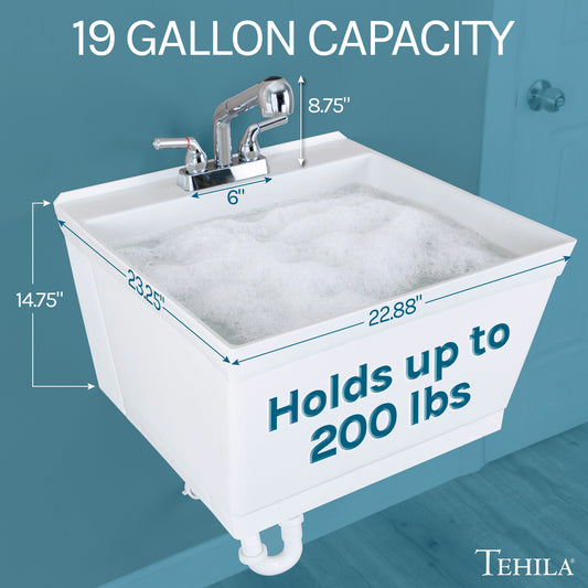 Tehila Standard Wall-Mounted White Utility Sink with Chrome Finish Pull-Out Faucet - view 2