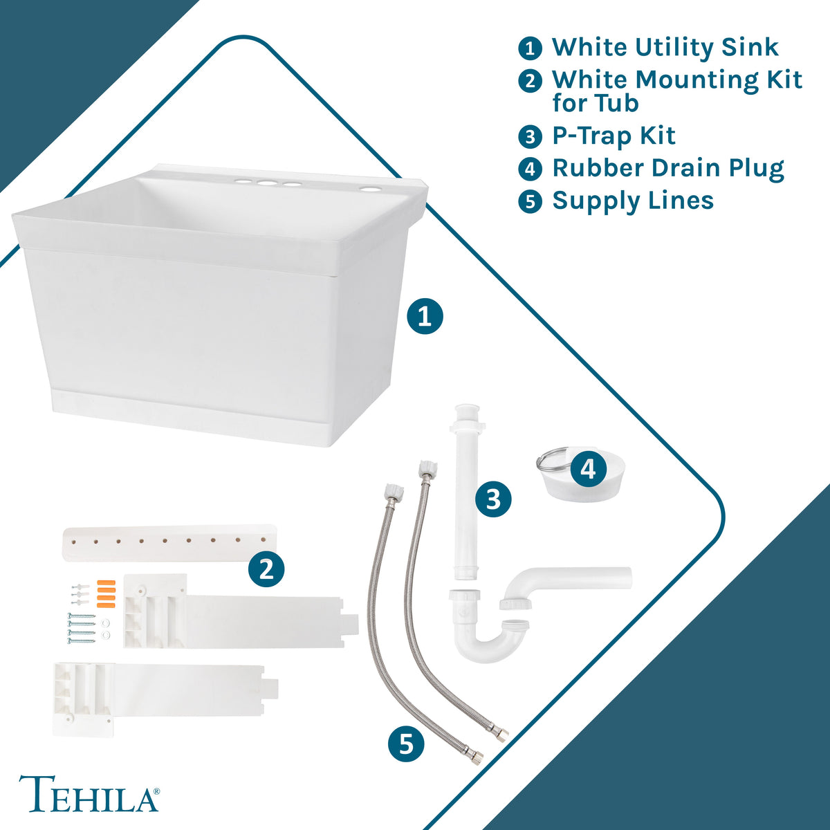 Tehila Standard Wall-Mounted White Utility Sink, Water Supply Lines Included - view 9