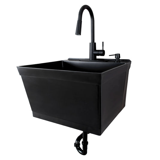 Tehila Standard Wall-Mounted Black Utility Sink with Black Finish Pull-Down Faucet