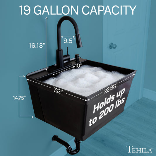 Tehila Standard Wall-Mounted Black Utility Sink with Black Finish Pull-Down Faucet - view 2