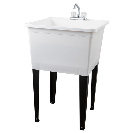 Tehila Basics Freestanding White Utility Sink with Chrome Finish Dual Handle Utility Faucet