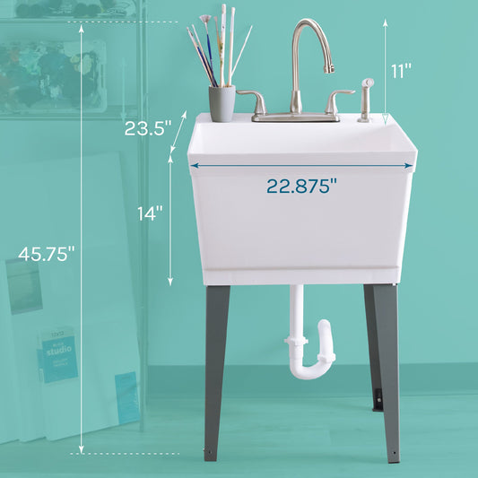 Tehila Standard Freestanding White Utility Sink with Grey Legs and Stainless Steel Finish Wide-set Gooseneck Faucet with Side Sprayer - view 2