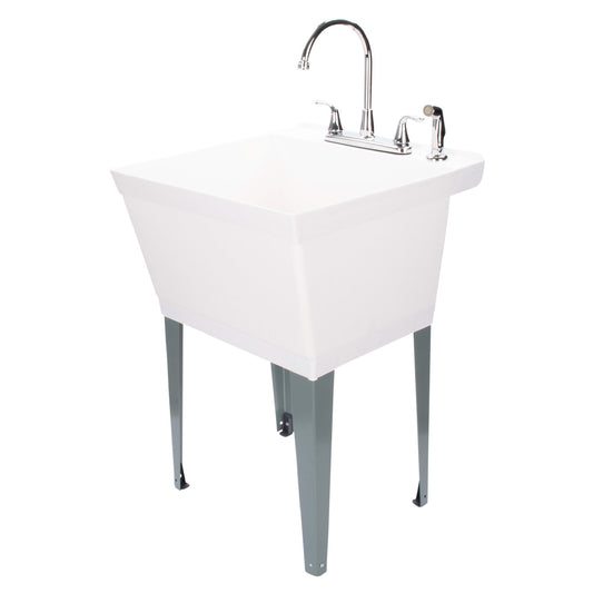 Tehila Standard Freestanding White Utility Sink with Grey Legs and Chrome Finish Wide-set Gooseneck Faucet with Side Sprayer