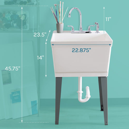 Tehila Standard Freestanding White Utility Sink with Grey Legs and Chrome Finish Wide-set Gooseneck Faucet with Side Sprayer - view 2
