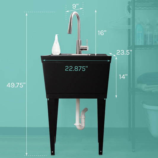 Tehila Standard Freestanding Black Utility Sink with Stainless Steel Finish High-Arc Pull-Down Faucet - view 2