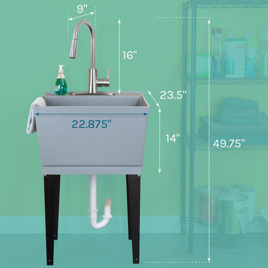 Tehila Standard Freestanding Grey Utility Sink with Stainless Steel Finish High-Arc Pull-Down Faucet - view 2