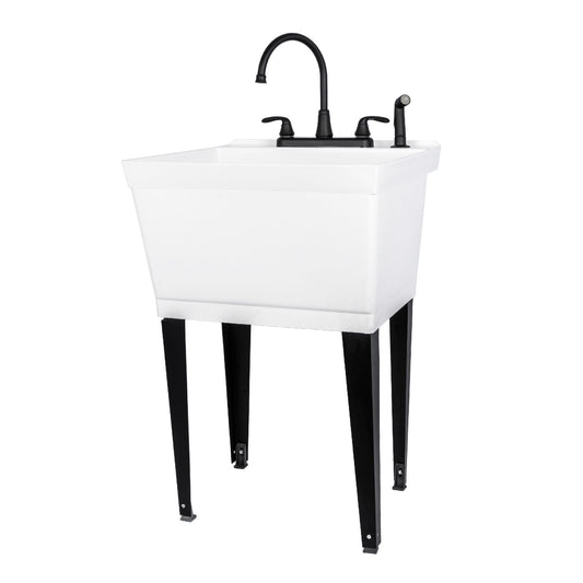 Tehila Standard Freestanding White Utility Sink with Black Legs and Black Finish Wide-set Gooseneck Faucet with Side Sprayer
