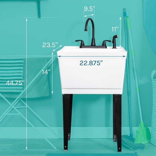 Tehila Standard Freestanding White Utility Sink with Black Legs and Black Finish Wide-set Gooseneck Faucet with Side Sprayer - view 2