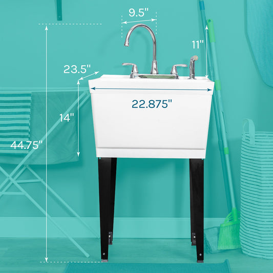 Tehila Standard Freestanding White Utility Sink with Black Legs and Chrome Finish Wide-set Gooseneck Faucet with Side Sprayer - view 2