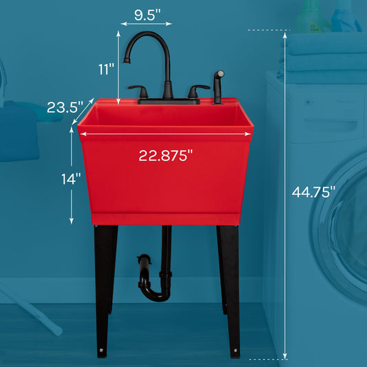 Tehila Standard Freestanding Red Utility Sink with Black Legs and Black Finish Wide-set Gooseneck Faucet with Side Sprayer - view 2
