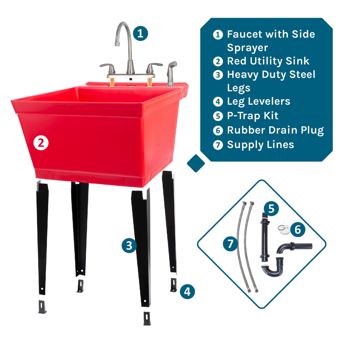 Tehila Standard Freestanding Red Utility Sink with Black Legs and Stainless Steel Finish Wide-set Gooseneck Faucet with Side Sprayer - view 9