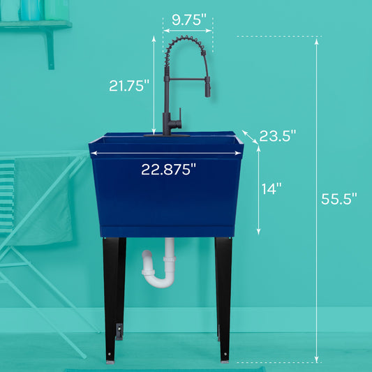 Tehila Standard Freestanding Blue Utility Sink with Black Finish High-Arc Coil Pull-Down Faucet - view 2