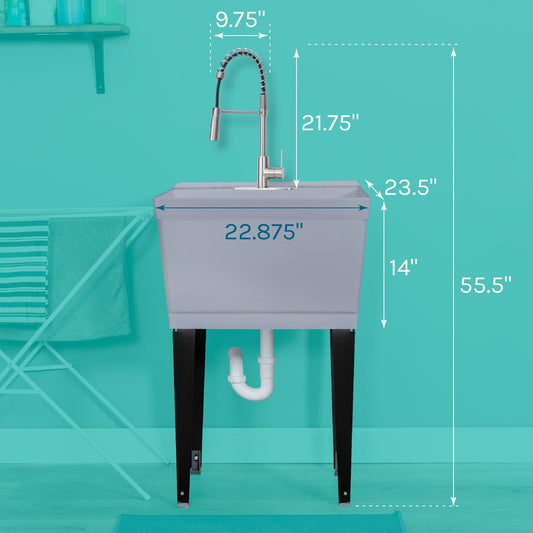 Tehila Standard Freestanding Grey Utility Sink with Stainless Steel Finish High-Arc Coil Pull-Down Faucet - view 2