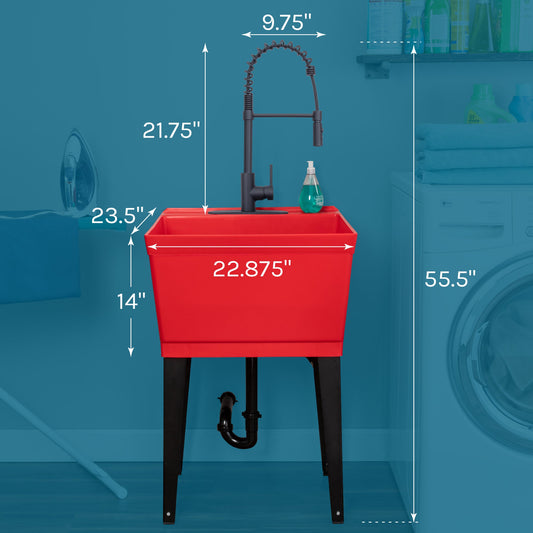 Tehila Standard Freestanding Red Utility Sink with Black Finish High-Arc Coil Pull-Down Faucet - view 2