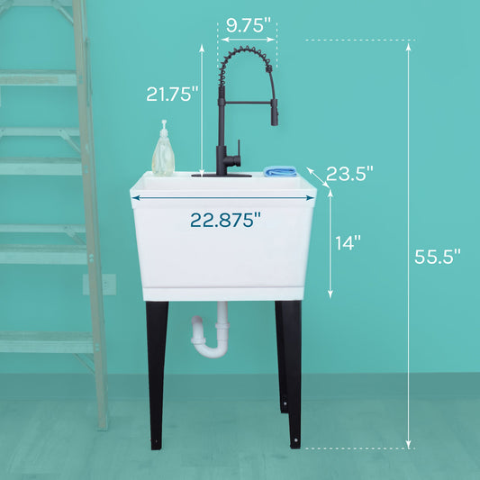 Tehila Standard Freestanding White Utility Sink with Black Finish High-Arc Coil Pull-Down Faucet - view 2