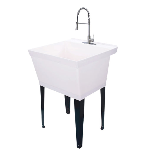 Tehila Standard Freestanding White Utility Sink with Stainless Steel Finish High-Arc Coil Pull-Down Faucet