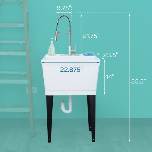 Tehila Standard Freestanding White Utility Sink with Stainless Steel Finish High-Arc Coil Pull-Down Faucet - view 2