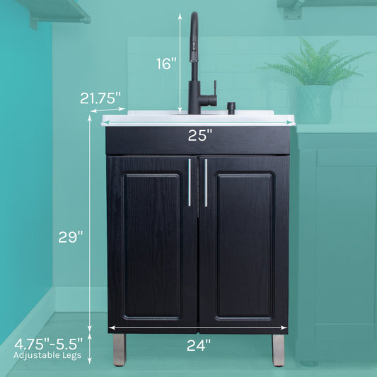 Tehila Black Vanity Cabinet and White Utility Sink with Black Finish High-Arc Pull-Down Faucet - view 2