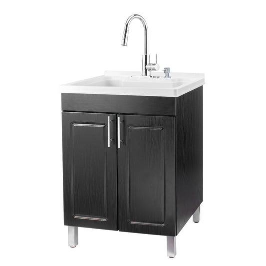 Tehila Black Vanity Cabinet and White Utility Sink with Chrome Finish High-Arc Pull-Down Faucet