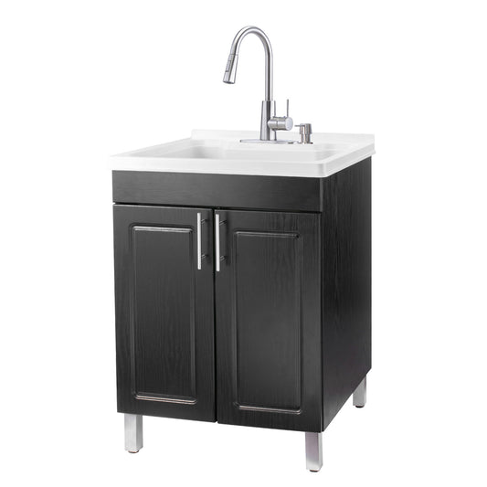 Tehila Black Vanity Cabinet and White Utility Sink with Stainless Steel Finish High-Arc Pull-Down Faucet