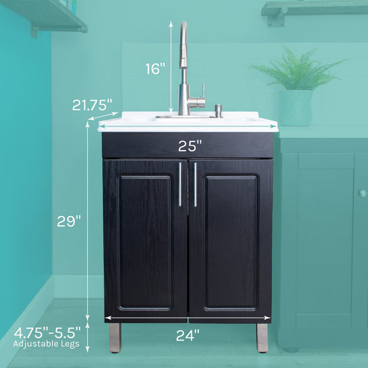 Tehila Black Vanity Cabinet and White Utility Sink with Stainless Steel Finish High-Arc Pull-Down Faucet - view 2